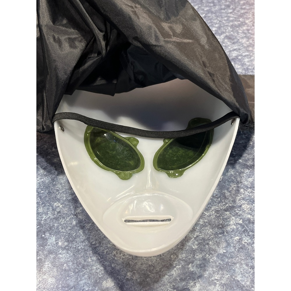 Alien Area 51 Halloween Mask with Black Fabric Hood Costume Accessory White - Picture 3 of 3